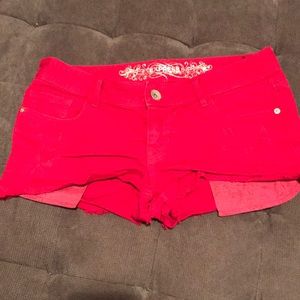 Red, distressed Express shorts